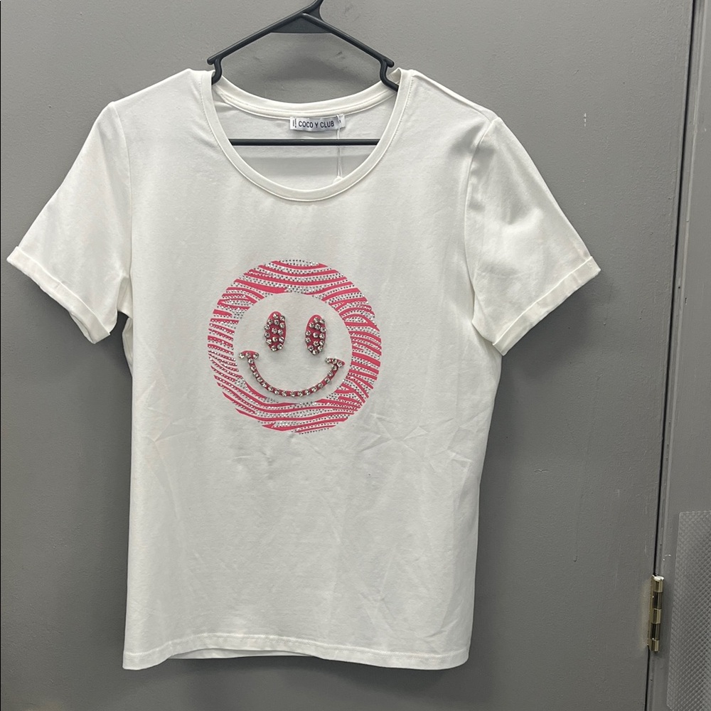 White Tee with Rhinestone & Pink Smiley Design—Make an OFFER!